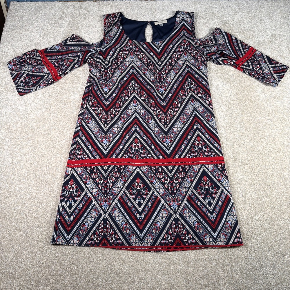 Halo Cold Shoulder Shift Dress Womens Medium Chevron Print Boho Beach Vacation